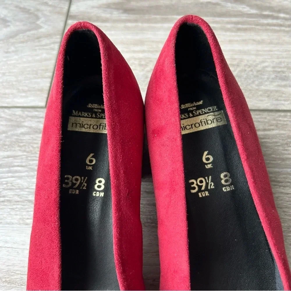 St. Michael Red Faux Suede Square Toe Block Heel Pumps - Picture 11 of 13